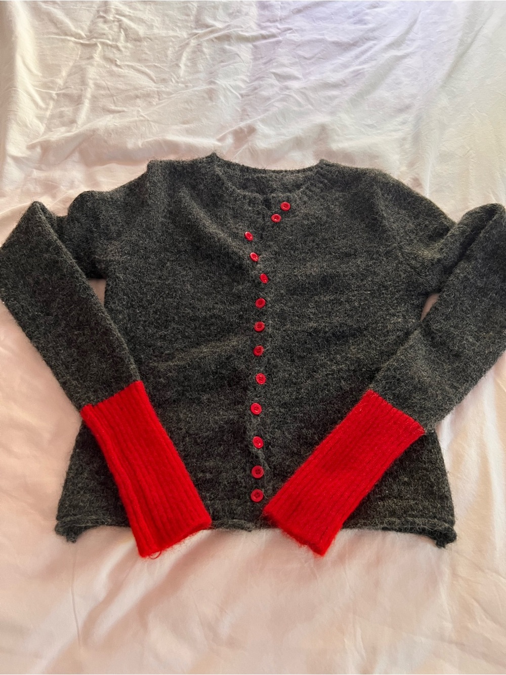 Women’s Charcoal Gray Cardigan with Red Contrast Cuffs and Buttons